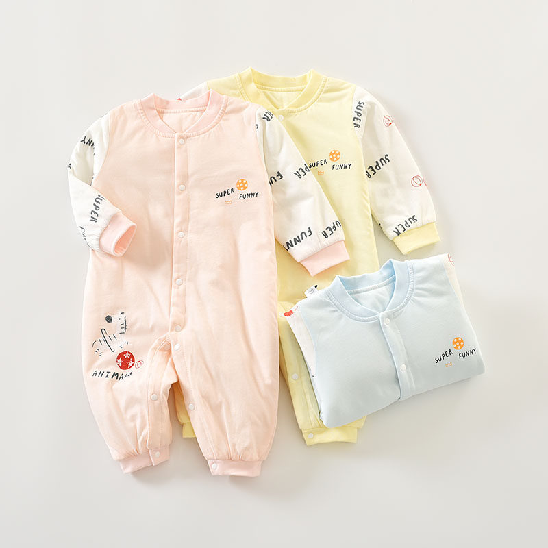 婴尚婴儿夹棉连体衣春秋纯棉薄棉爬爬服男女宝宝衣服闭裆哈衣秋冬