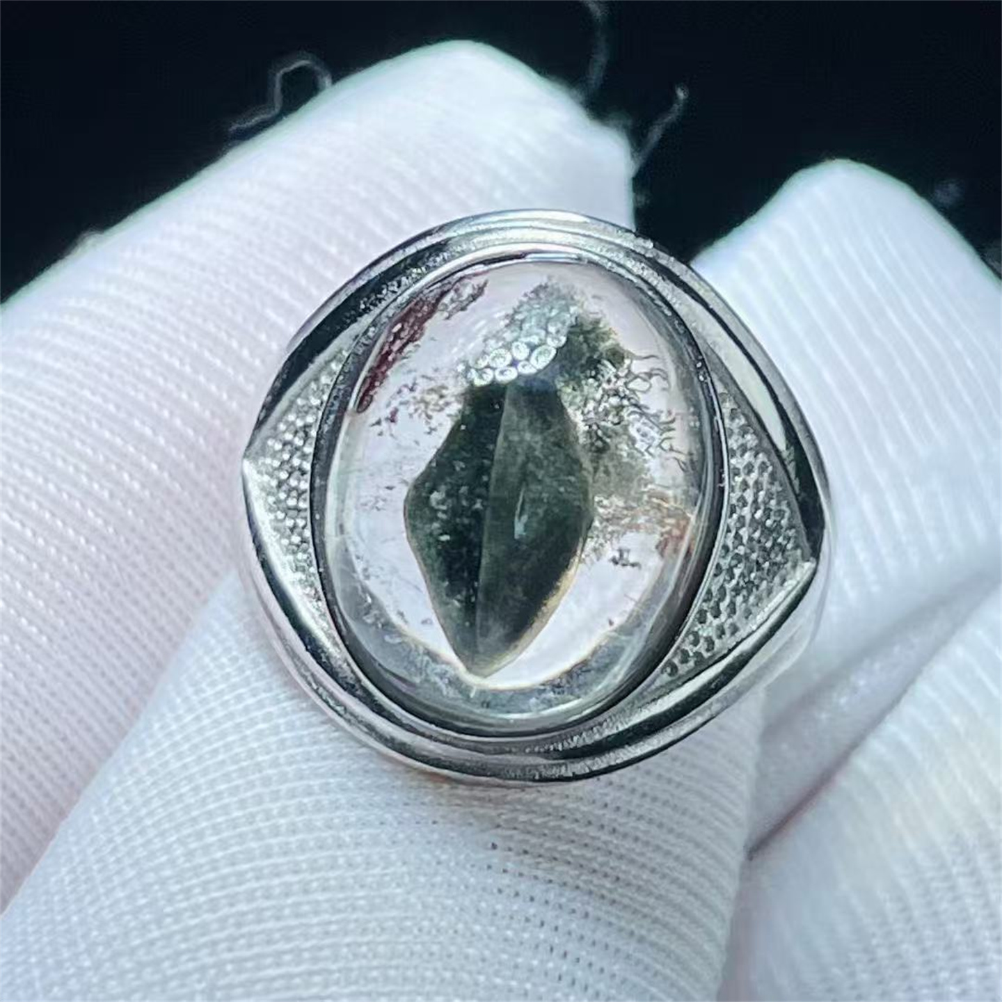 天然水晶全包裹多面体榍石矿物裸石银镶戒指环活口可调一物一图款