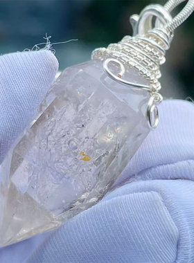 天然白水晶全包裹流动水胆刻面双尖柱手工绕线款把玩项链挂件吊坠