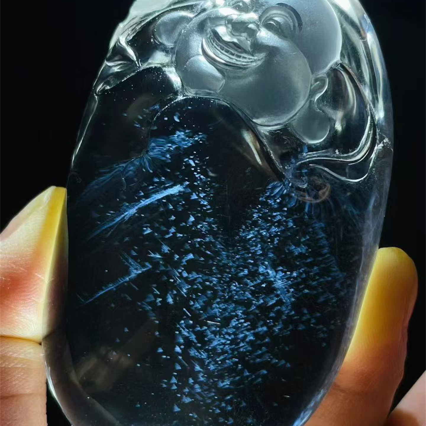 天然白水晶包裹体蓝针弥勒佛手握把玩挂件坠饰品礼物一物一图款