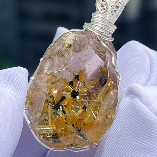 天然水晶钛金发花朵随形裸石财富饰品手工绕线款项链挂件吊坠