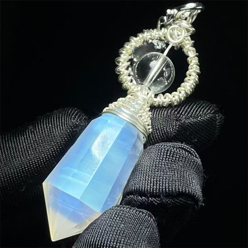 天然蓝光月光石矿晶双尖柱裸石手工绕线款项链挂件吊坠一物一图