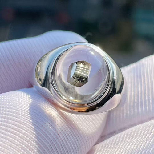 天然水晶包裹多面体镜面铜矿颗粒裸石银镶戒指活口可调饰品礼物