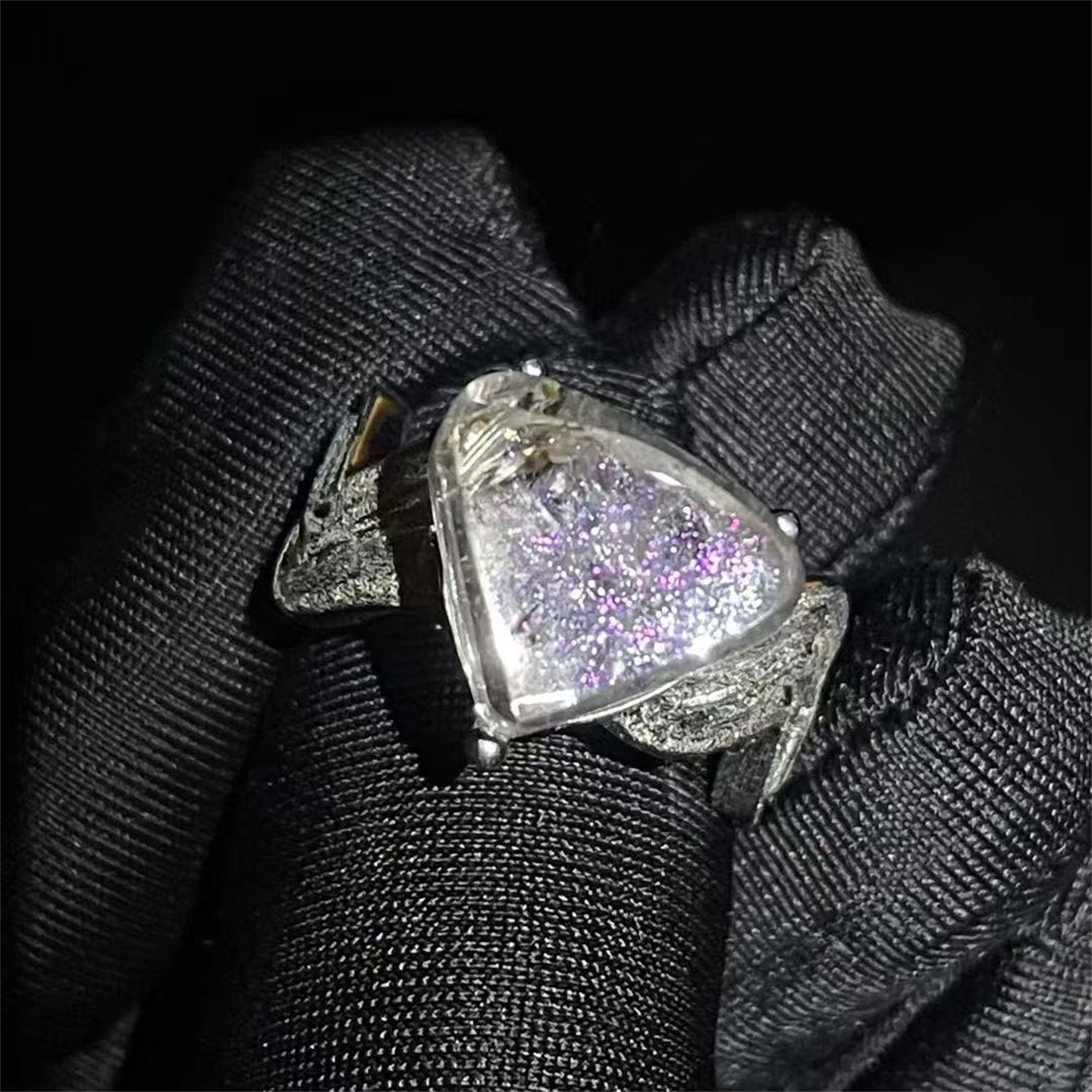 天然水晶包裹体铜蓝粉火矿物裸石银镶嵌戒指活口可调节饰品礼物