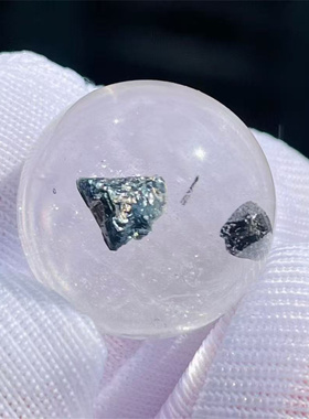 天然水晶全包裹黑色金属矿物奇石圆珠16mmDIY饰品项链挂件吊坠