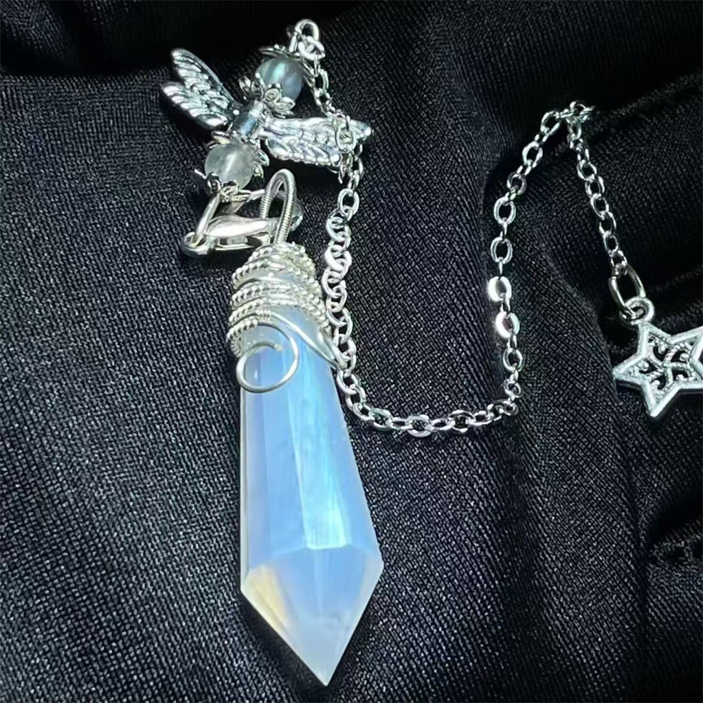 天然蓝光月光石矿晶刻面柱裸石手工绕线款项链挂件吊坠一物一图