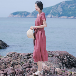 自摸夏装纯麻百搭短袖纯色圆领过膝长款连衣裙