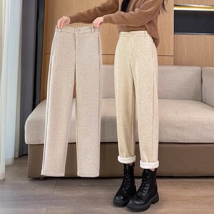 秋冬加绒八分毛呢烟管裤女初中高中学生九分小个子靴裤休闲直筒裤