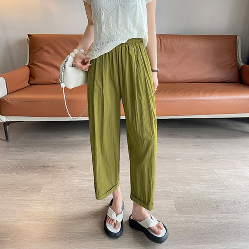 夏季薄款绿色防晒阔腿裤女初中高中学生高腰宽松八分冰丝直筒裤子