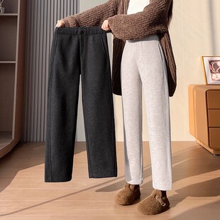 秋冬加绒八分毛呢烟管裤女初中高中学生九分小个子加厚休闲直筒裤