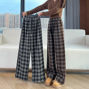 秋冬加绒加厚毛呢格子阔腿裤女初中高中学生高腰休闲运动直筒裤子