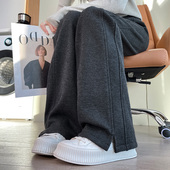 秋冬加绒加厚宽松大码 子 阔腿裤 女初中高中学生休闲直筒开叉毛呢裤