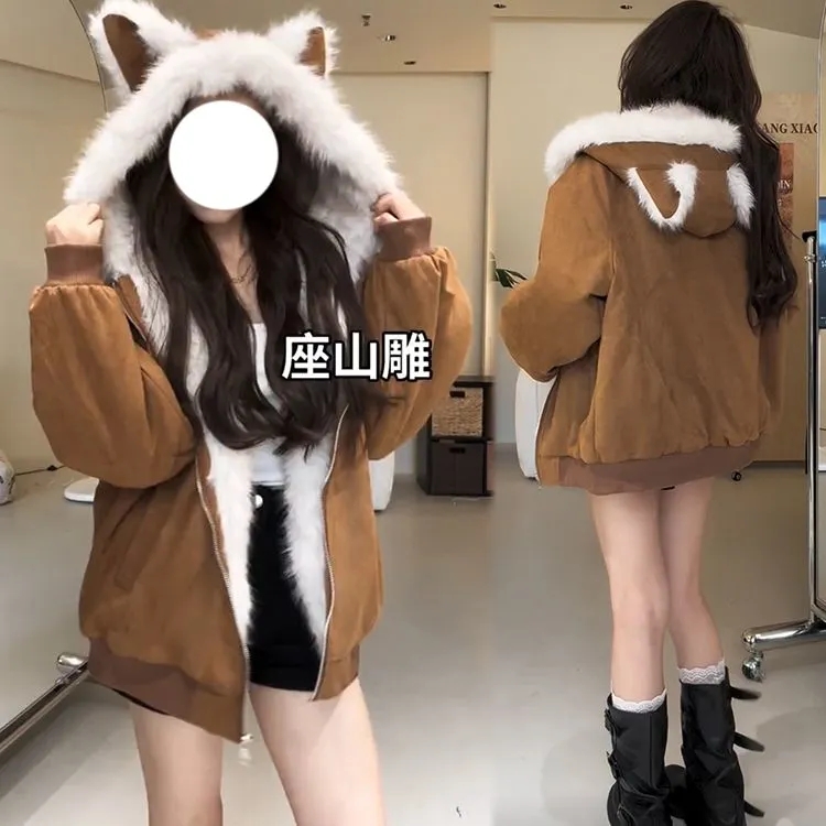 秋冬季棉袄加厚连帽棉衣棉服女初中高中学生麂皮毛领夹棉保暖外套