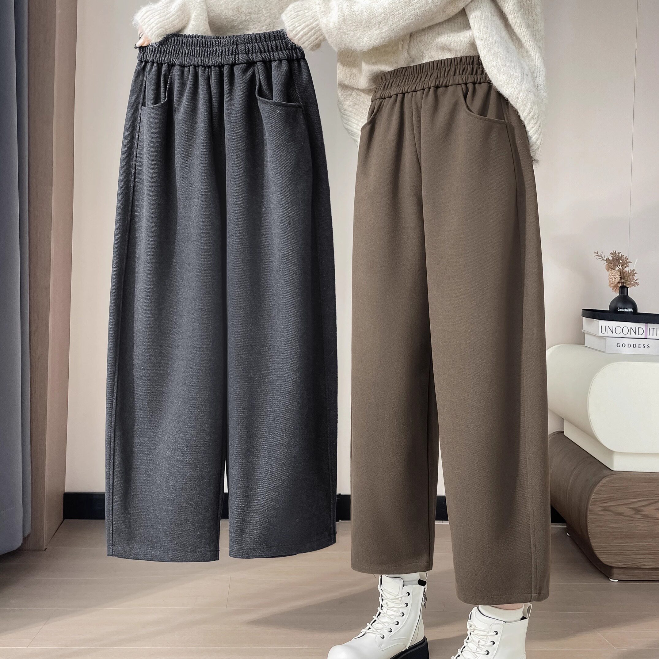 秋冬加绒加厚八分毛呢阔腿裤女初中高中学生九分小个子休闲镰刀裤