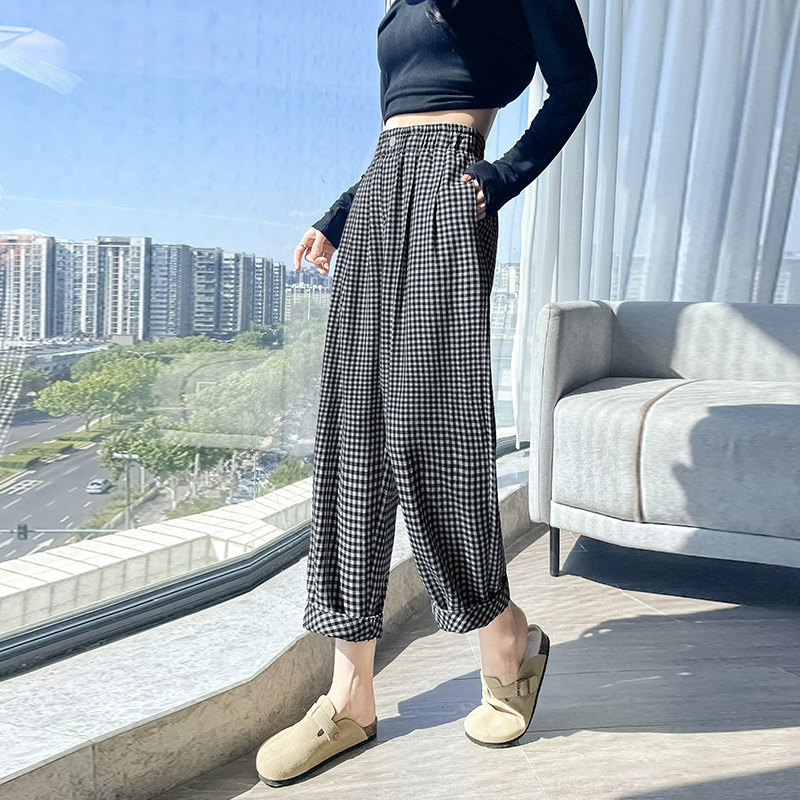 春秋季高腰复古格子八分直筒裤女初中高中学生小个子九分休闲裤子