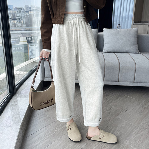 春秋季高腰白灰八分直筒裤女初中高中学生小个子九分休闲运动裤子