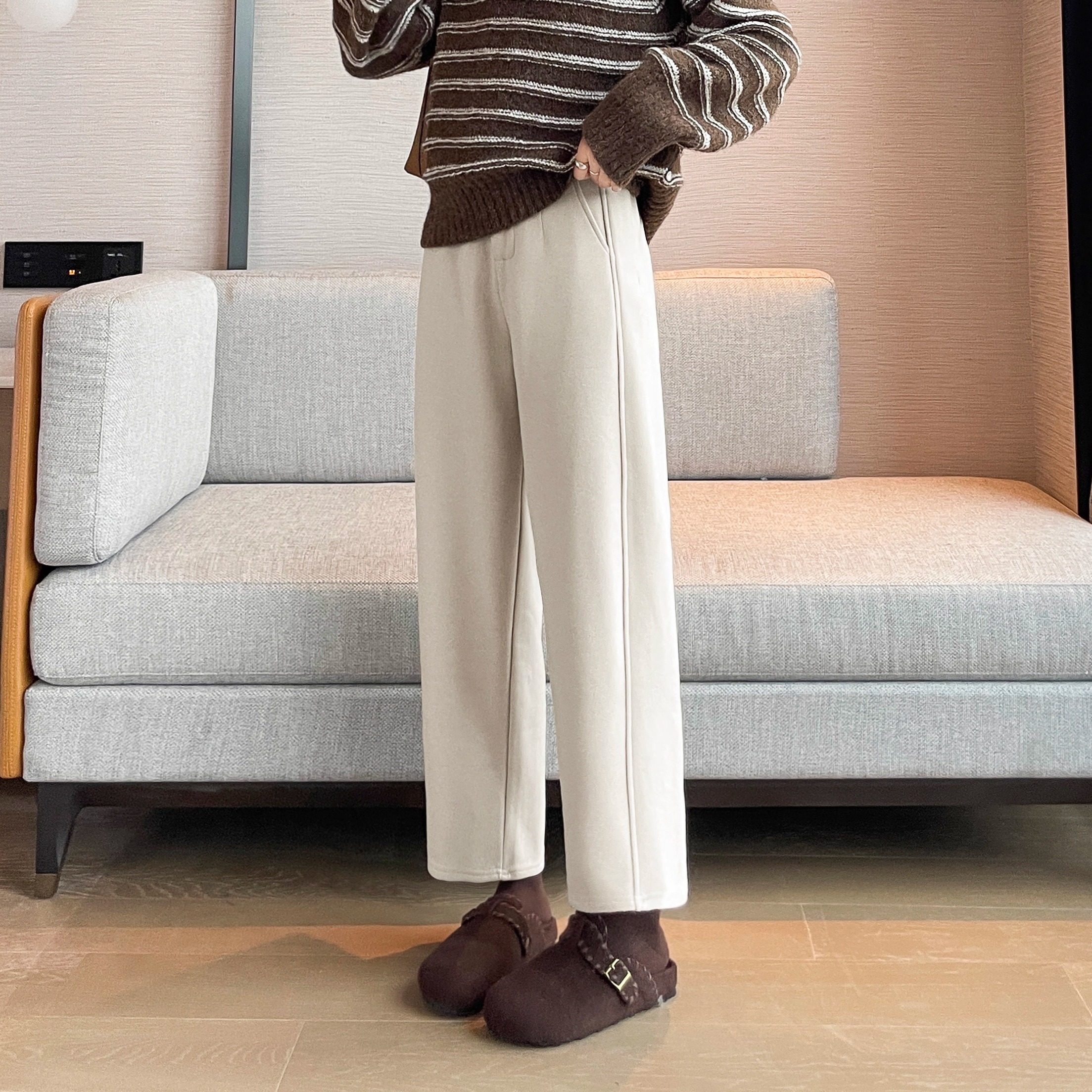 秋冬加绒八分毛呢直筒裤女初中高中学生小个子九分加厚休闲西装裤