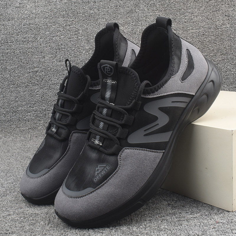 库存捡漏男士黑色猪皮透气织物运动鞋时尚轻便软底减震舒适跑步鞋