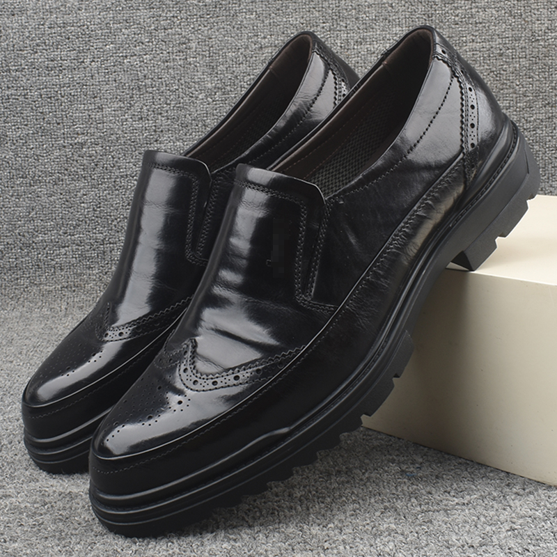 专柜撤柜头层牛皮男鞋商务正装皮鞋男士一脚蹬布洛克英伦风上班鞋