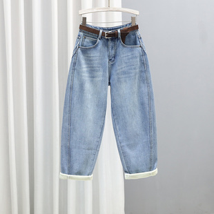 百搭老爹裤 2025冬季 潮时尚 女浅蓝色宽松显瘦哈伦裤 加绒加厚牛仔裤