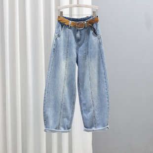 新款 宽松显瘦百搭老爹弯刀裤 高腰牛仔裤 拼接哈伦裤 女时尚 2026春季