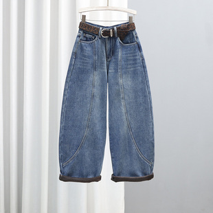 休闲百搭老爹裤 冬季 2025新款 女高腰显瘦哈伦裤 加绒加厚宽松牛仔裤