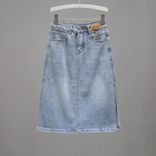 春夏浅蓝色牛仔裙女2025款高腰半身裙宽松显瘦侧开叉百搭a字中裙
