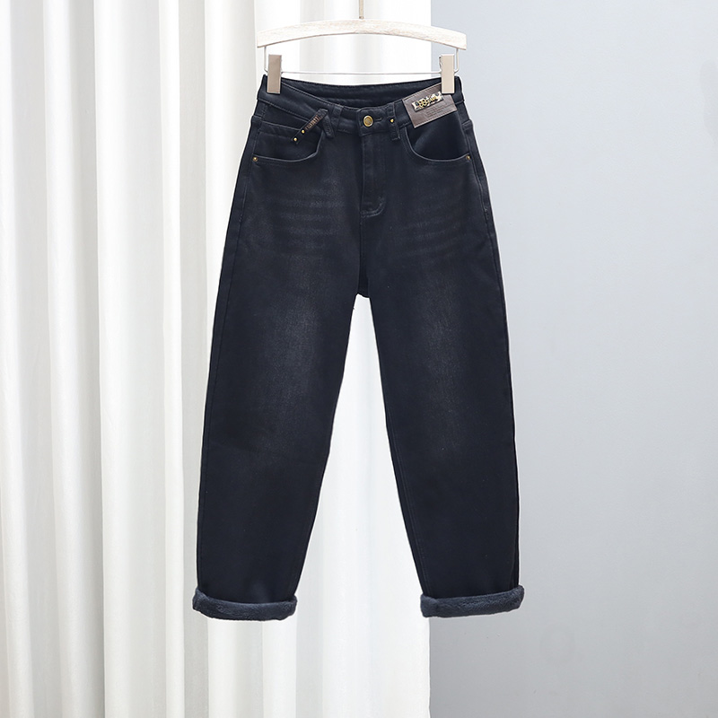 2025冬季加绒加厚牛仔裤女宽松显瘦哈伦裤潮流百搭时尚新款老爹裤