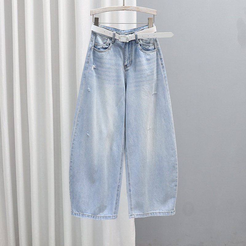 2026春夏新款破洞牛仔裤女宽松高腰显瘦浅蓝色长裤时尚破洞弯刀裤
