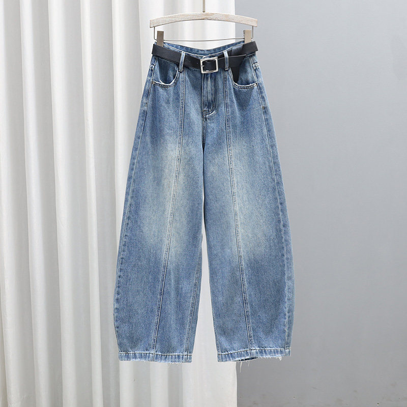 2026春夏时尚百搭弯刀牛仔裤女浅蓝色宽松显瘦高腰哈伦裤潮老爹裤