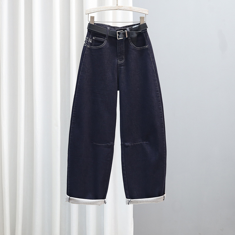 2025秋冬抓绒宽松牛仔裤女加厚老爹裤潮流拼接百搭哈伦弯刀裤长裤