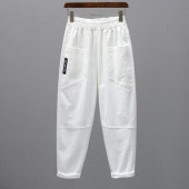 潮 高腰百搭哈伦裤 松紧腰白色休闲裤 女2026春夏口袋宽松显瘦萝卜裤