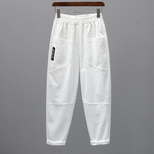 松紧腰白色牛仔裤女宽松哈伦裤潮