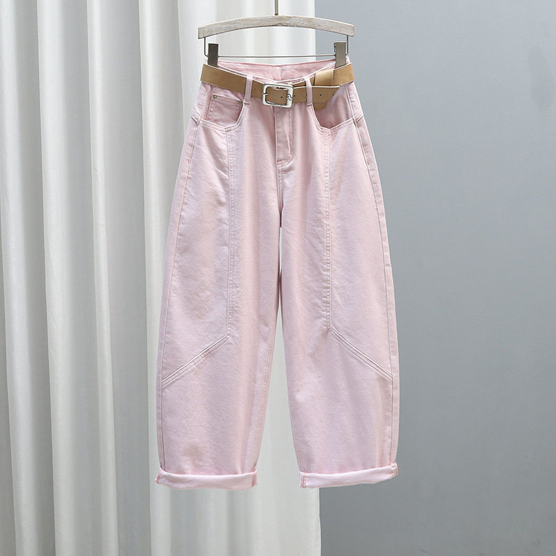 2026春夏时尚粉色哈伦裤女高腰宽松显瘦萝卜裤休闲复古百搭牛仔裤