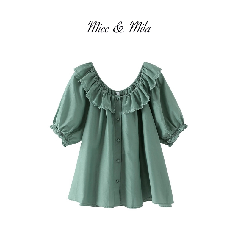 轻奢真丝棉绣花法式荷叶边短袖衬衫花边领森系气质上衣女宽松凉快