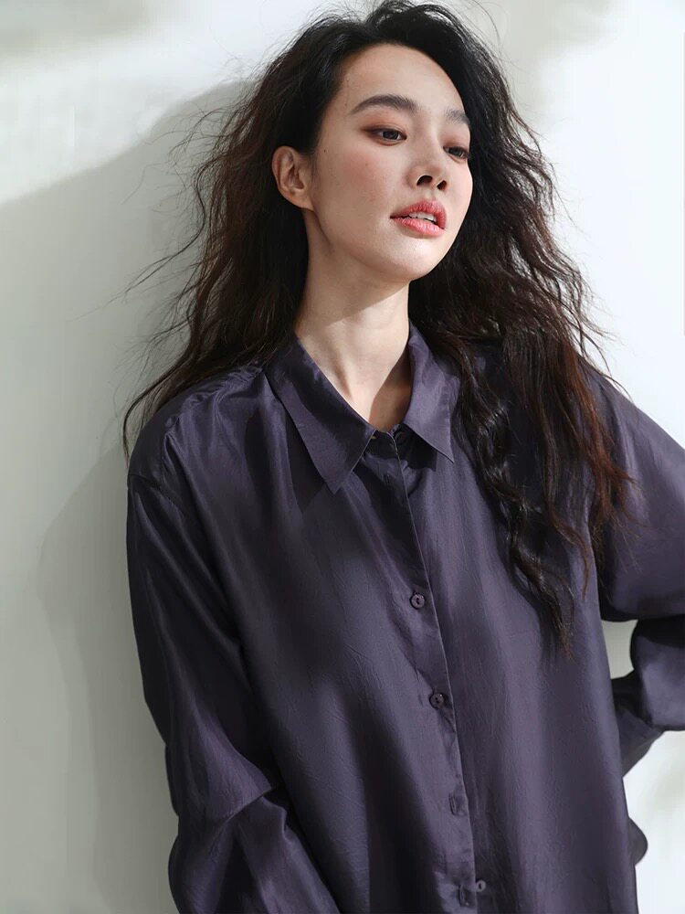 轻奢100%桑蚕丝电力纺气质长袖衬衫女纯色简约高级感通勤上衣衬衣