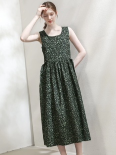 轻薄25%桑蚕丝75%棉素雅墨绿碎花无袖连衣裙夏气质显瘦A字背心裙