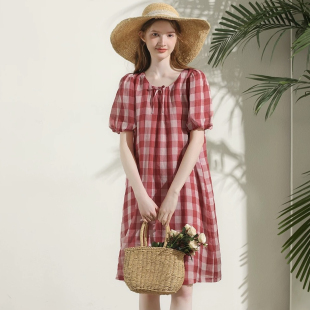 纯苎麻红色格子印花短袖连衣裙减龄青春少女复古英伦风泡泡袖显白