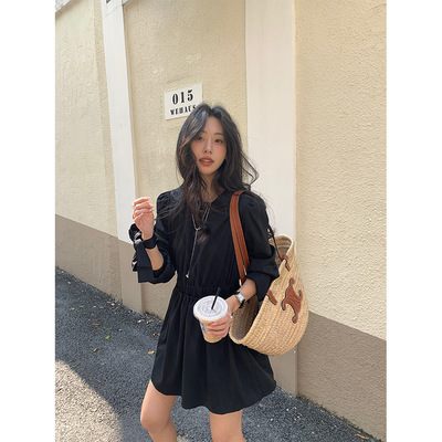 黄峥气质系带收腰连衣裙女2025春夏纯色韩系显瘦中长裙H1FA510027