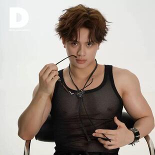 新款夏装修身男士性感透视透明网纱网孔镂空时尚背心工字背心