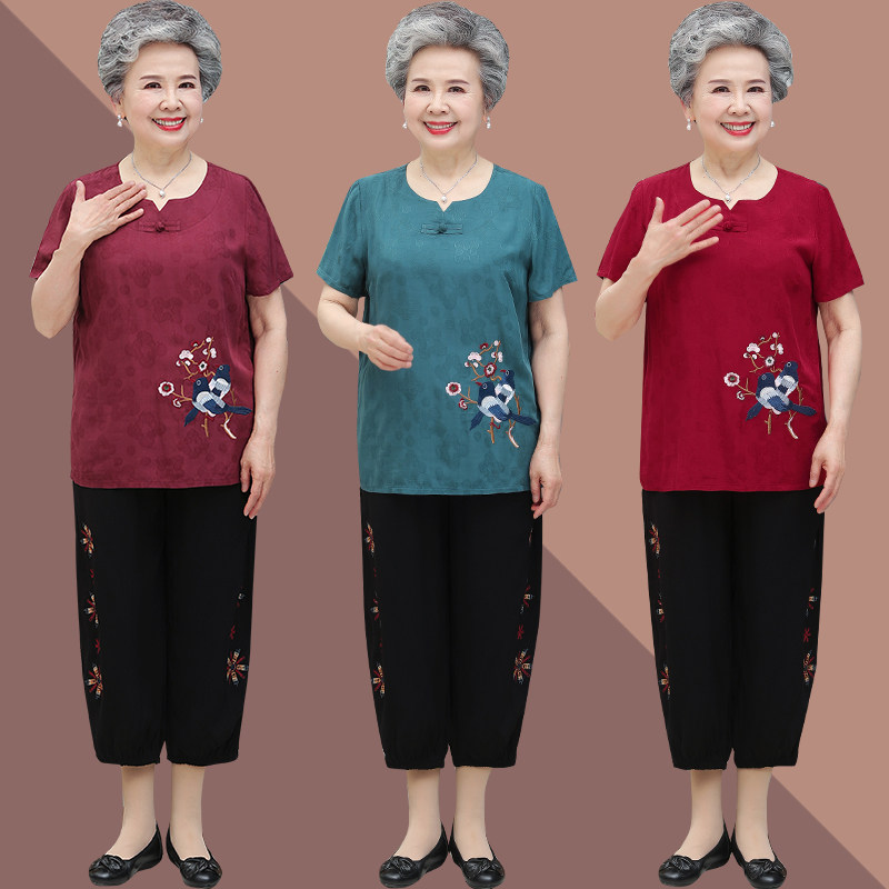 夏装棉质短袖套装中老年女装妈妈夏天薄款T恤老太太衣服两件套