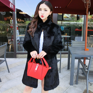 秋冬新款整皮兔毛皮草大衣女连帽外套立领中长款獭兔毛皮毛一体帽