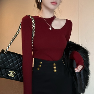 薄款 美式 性感紧身打底衫 T恤女早春修身 棉辣妹上衣 不规则露肩长袖