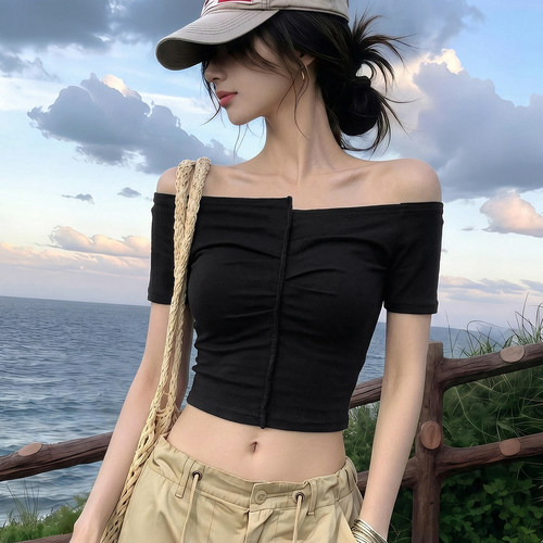 一字肩鱼骨显瘦短袖T恤女夏季新款辣妹性感露肩修身短款露脐上衣