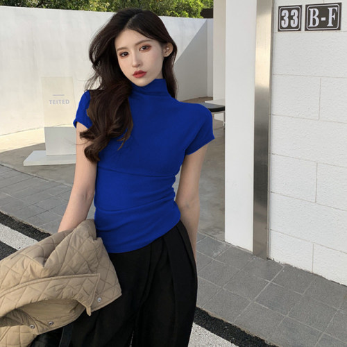 半高领短袖简约修身棉女春夏上衣