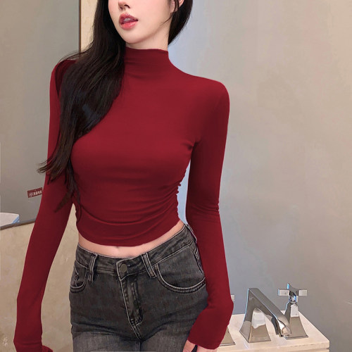 长袖辣妹薄半高领棉女高腰修身