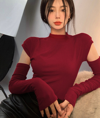 短袖韩系春夏半高领纯棉女可拆袖