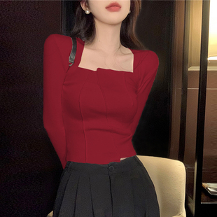 复古鱼骨别致上衣 小众方领t恤美式 正肩万能打底衫 女纯棉春秋短款