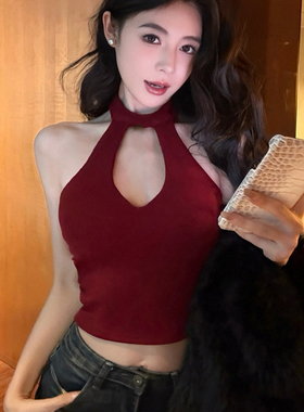 纯欲风镂空挂脖吊带背心女夏季修身外穿红色绝美显瘦短款露背上衣