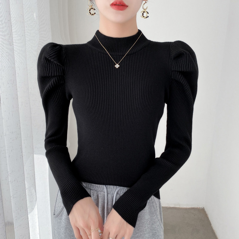 针织衫套头半高领打底泡泡袖毛衣